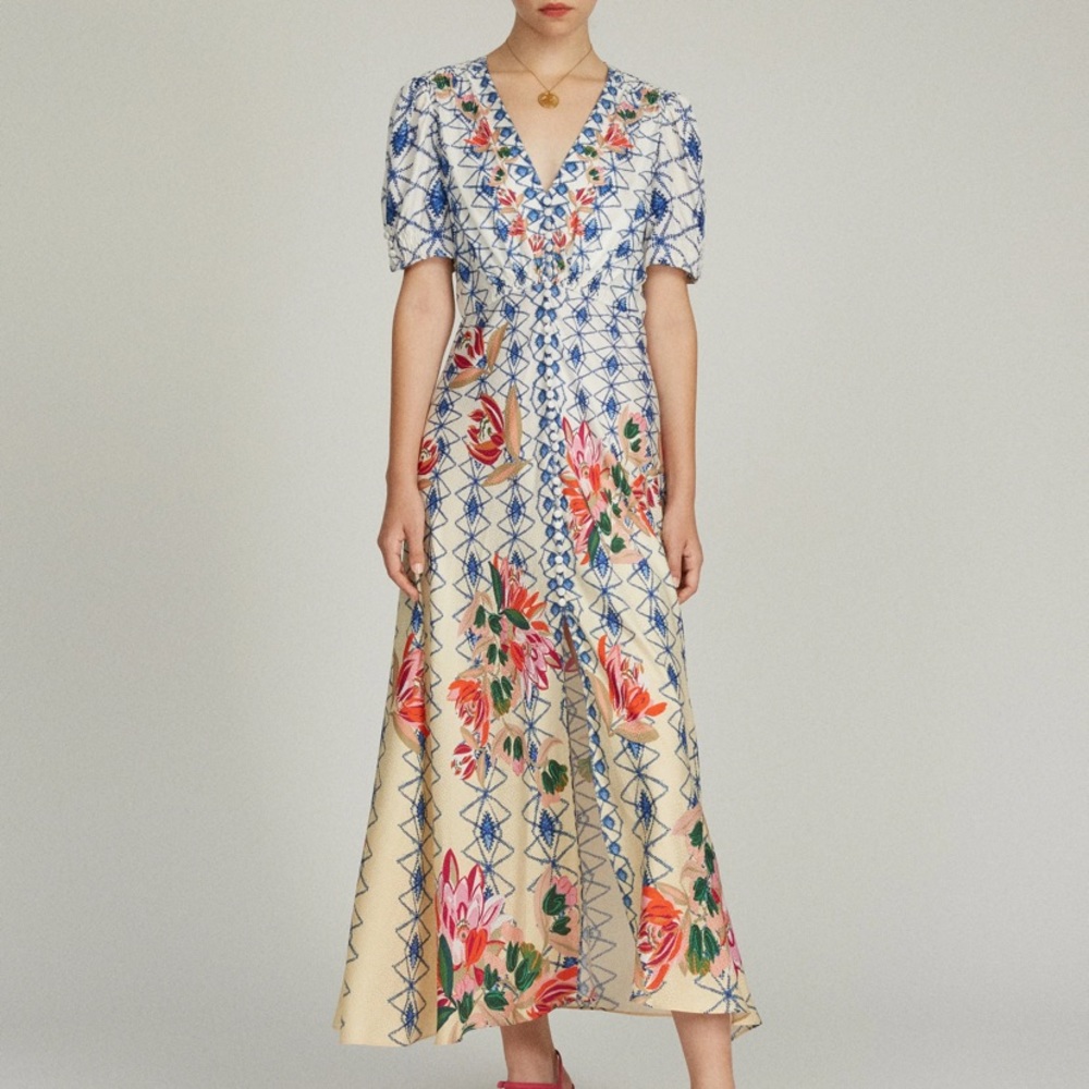 NEW SALONI Lea Long Dress in Opal Trellis Print - Size: 4 (UK) size 0 (US)